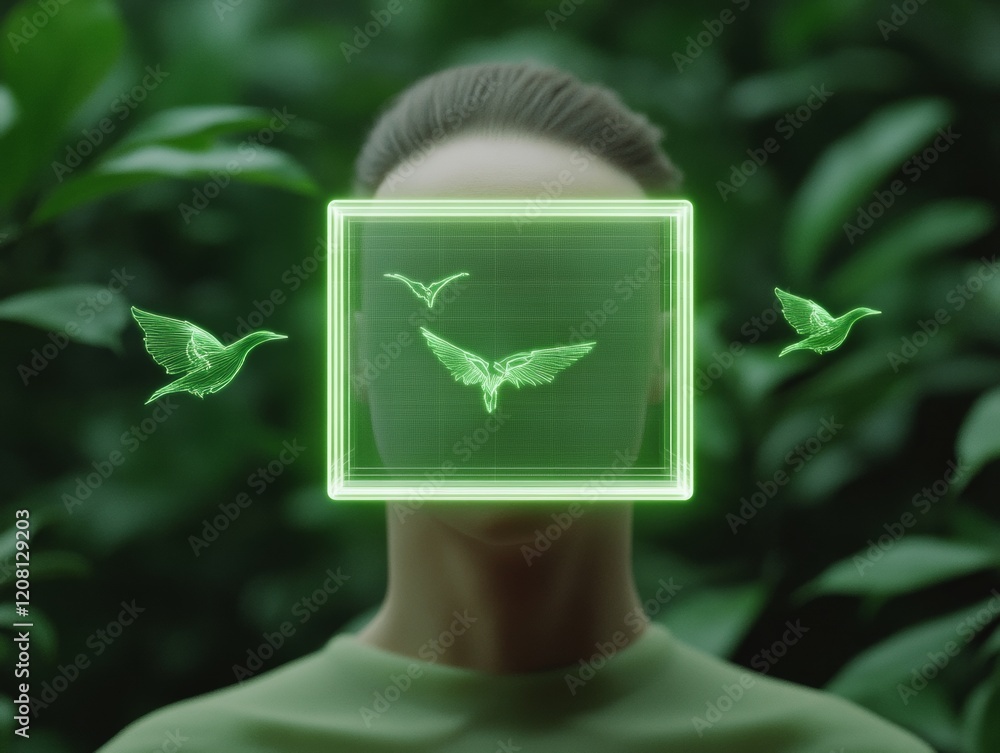 Aufkleber Tech-Infused Nature Virtual Avatar in Digital Greenery with Holographic Birds - Innovative VR Marketing and Sustainable Recreation Design