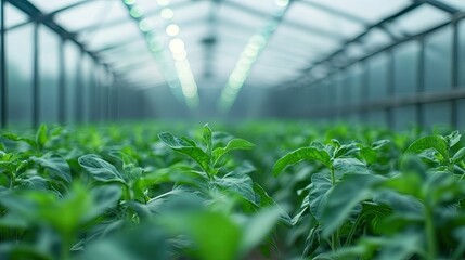 futuristic greenhouse where genetically modified crops thrive under controlled led lighting clean and minimalistic