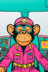 Retro Cartoon Style Monkey Pilot in Colorful Flight Gear with Relaxed Expression and Unique Vintage Aircraft Controls