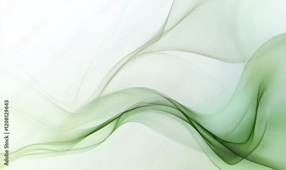 Poster abstract green wave patterns flowing gracefully across a soft white background, creating a serene an