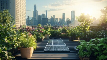 Fototapeta premium A rooftop garden filled with lush plants and solar panels, urban skyline in the background, vibrant green colors, sunny atmosphere