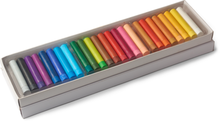 open box of oil pastels or crayons isolated white background, multicolor pastels are arranged in rows, mock-up template with blank labels