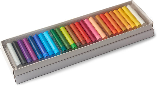 open box of oil pastels or crayons isolated white background, multicolor pastels are arranged in rows, mock-up template with blank labels