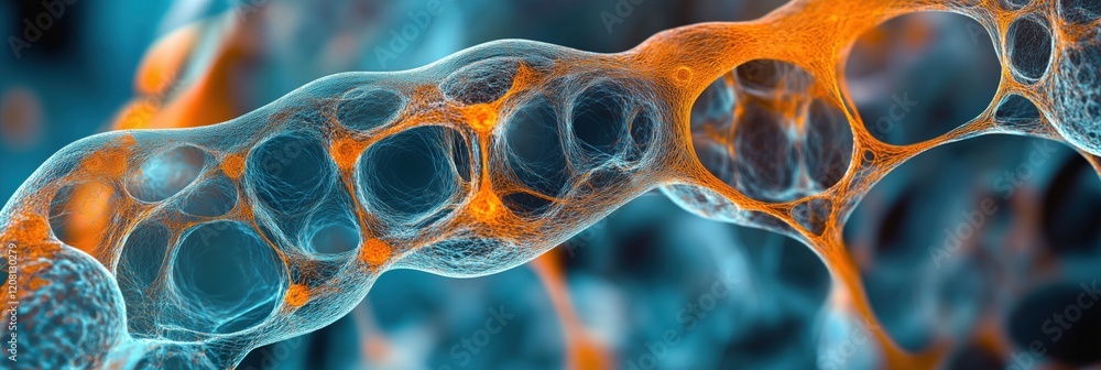 Poster abstract representation of cellular structures with intricate networks and vibrant colors showcasing