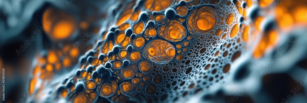 Poster abstract close-up of intricate bubble structures with glowing orange highlights, showcasing detailed