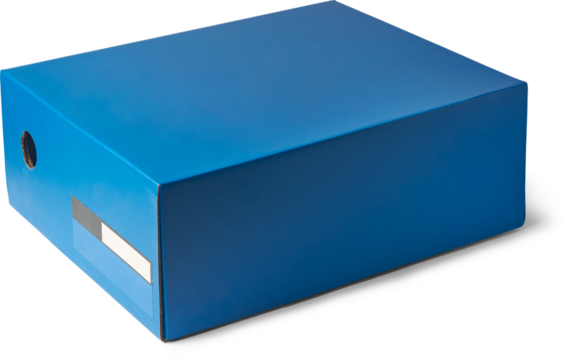 close-up of blue rectangular cardboard box or blank shoe box isolated white background, small hole in one side, mock-up template