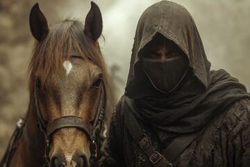 hooded medieval knight his face partially concealed by shadowed visor stands beside gallant warhorse with copy space