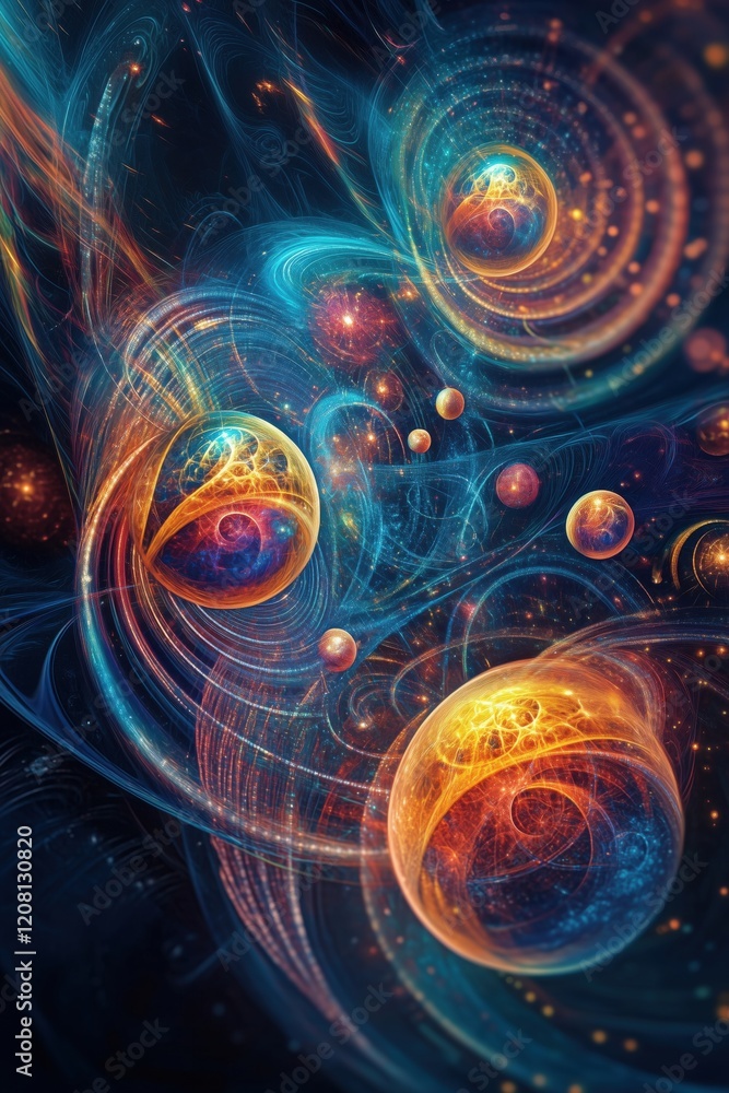Poster cosmic swirls of colorful energy and light in abstract space art with glowing spheres and dynamic pa