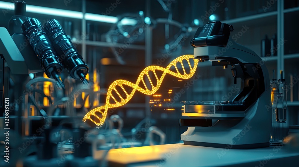 Poster macro image of glowing dna strand being assembled by tiny robotic nanobots in futuristic biotech lab