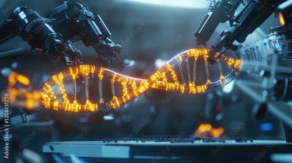 Poster macro image of glowing dna strand being assembled by tiny robotic nanobots in futuristic biotech lab