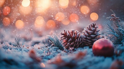 Frosty Pinecones and Christmas Ornament in Soft Snowy Ambiance
