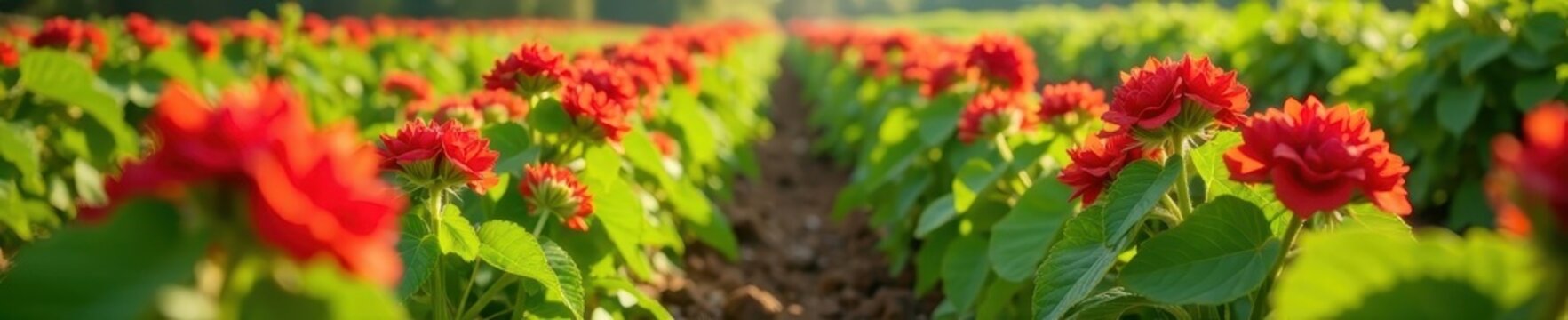 Row of red Solanaceous flowers growing among potato plants, Florals, Potatoes, Vegetation