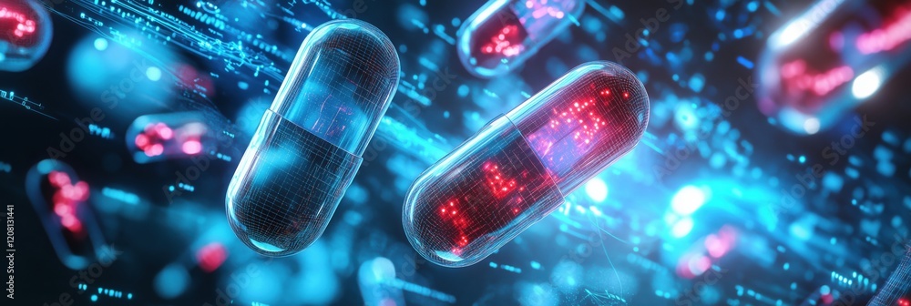 Poster digital representation of futuristic capsules with glowing elements, surrounded by abstract data str