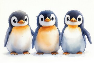 charming watercolor illustration featuring playful baby penguins in a minimalist flat style perfect for a nursery showcasing soft pastel hues against a clean white background