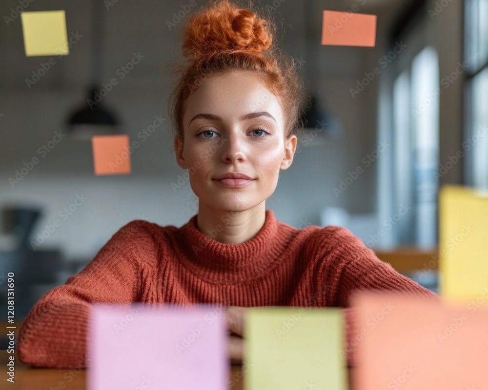 Poster contemporary workspace focus minimalist post-it note design in creative office setting - enhances pr