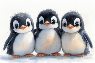 charming watercolor illustration featuring playful baby penguins in a minimalist flat style perfect for a nursery showcasing soft pastel hues against a clean white background