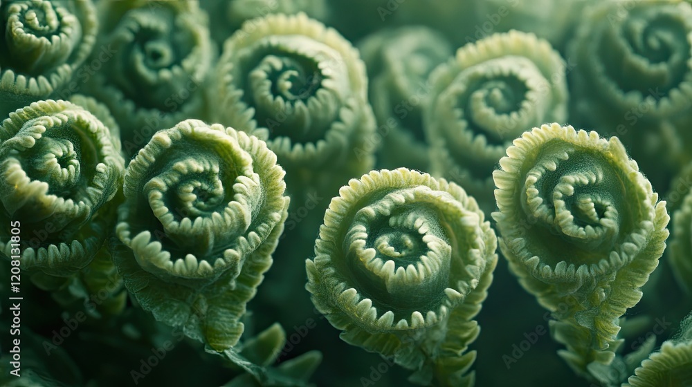 Poster mesmerizing close-up of ferns unfurling in synchronized curls their delicate structures highlighted 