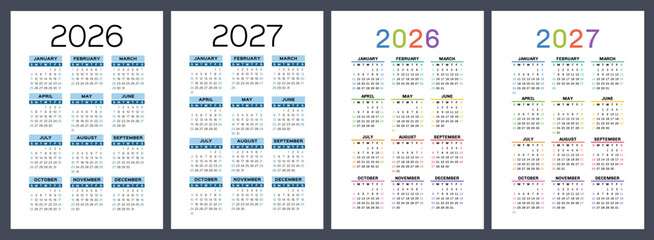 2026 and 2027 calendar set. Vector pocket calender design. Week starts on Sunday. January, February, March, April, May, June, July, August, September, October, November, December