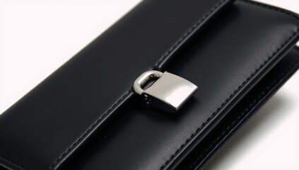 Close-up image showcases a secure sleek black wallet with a prominent silver lock