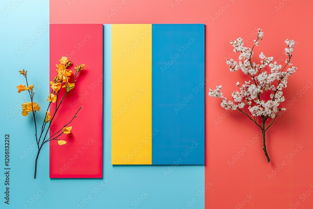 Poster minimalistic design showcasing vibrant color palettes in graphic design with ample copy space layout