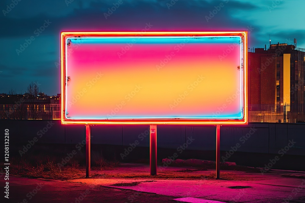 Poster minimalistic empty sign in urban setting illuminated by vibrant neon lights creates striking visual