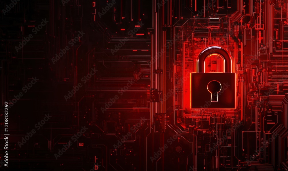 Poster digital lock symbolizing cybersecurity and data protection in red circuit background