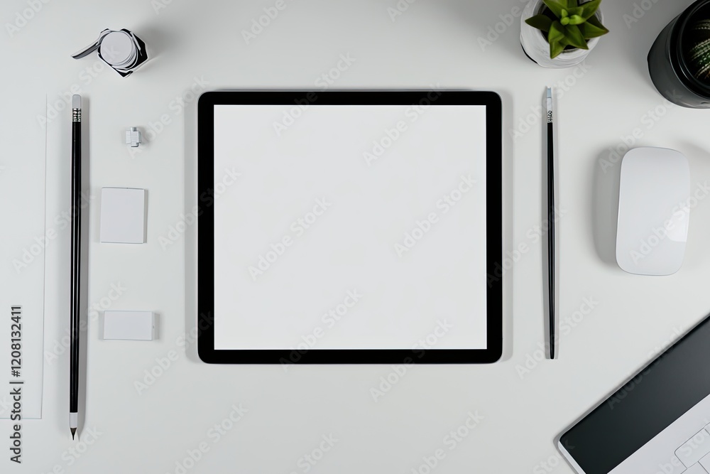Aufkleber minimalistic workspace with blank digital canvas on tablet surrounded by modern tools for digital ar