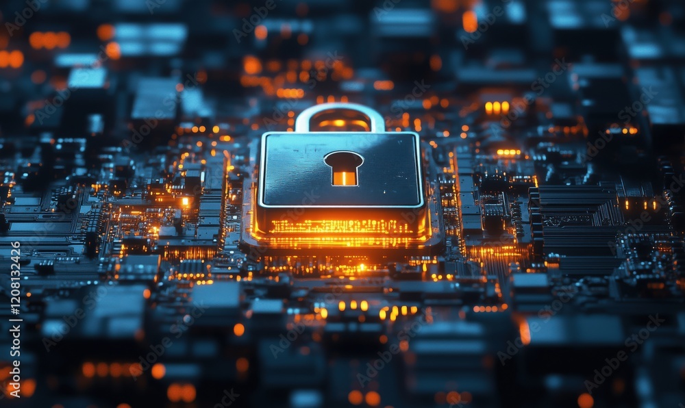 Poster digital security lock on circuit board, representing cybersecurity and data protection in technology