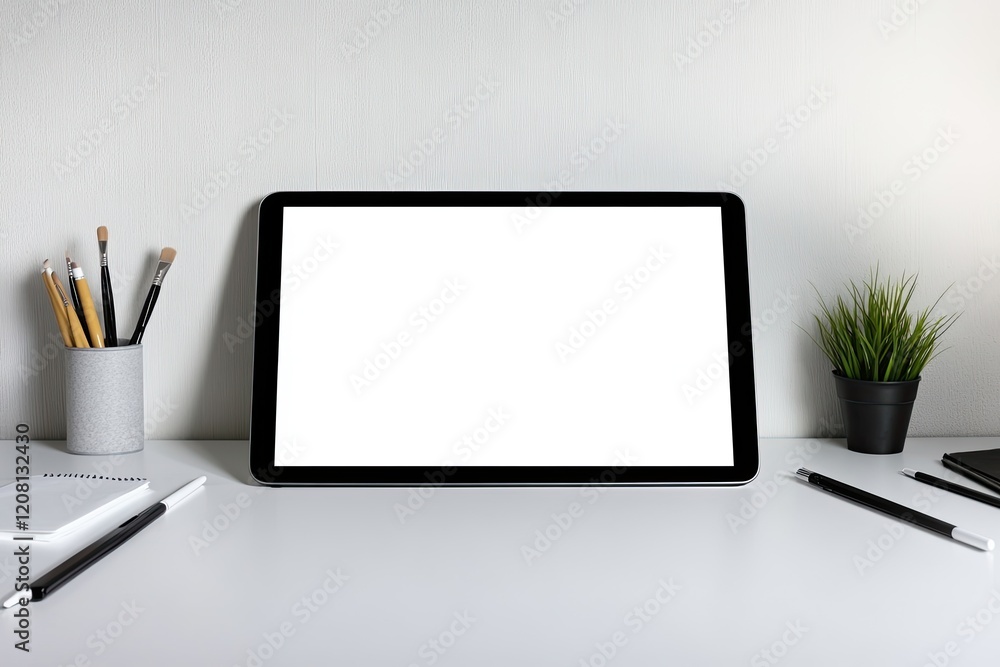 Poster minimalistic workspace with blank digital canvas on tablet surrounded by modern tools for digital ar