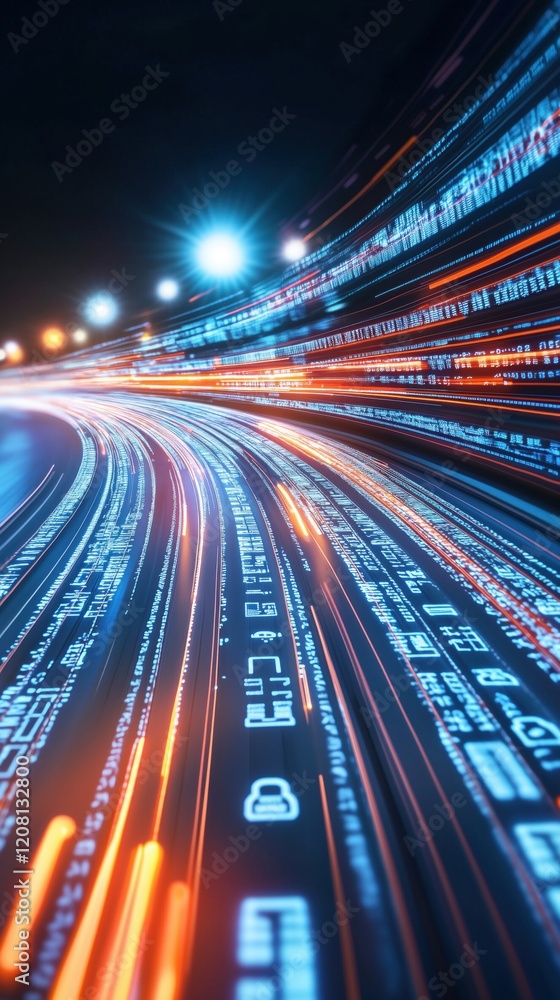 Poster dynamic digital data flow with vibrant light trails representing speed and technology in a futuristi