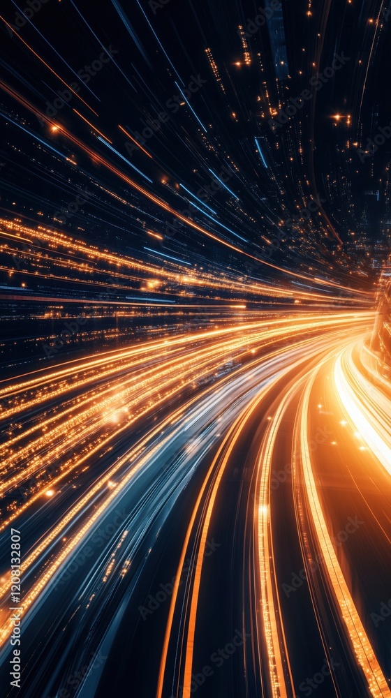 Poster dynamic light trails representing speed and motion in a futuristic cityscape, showcasing vibrant ora