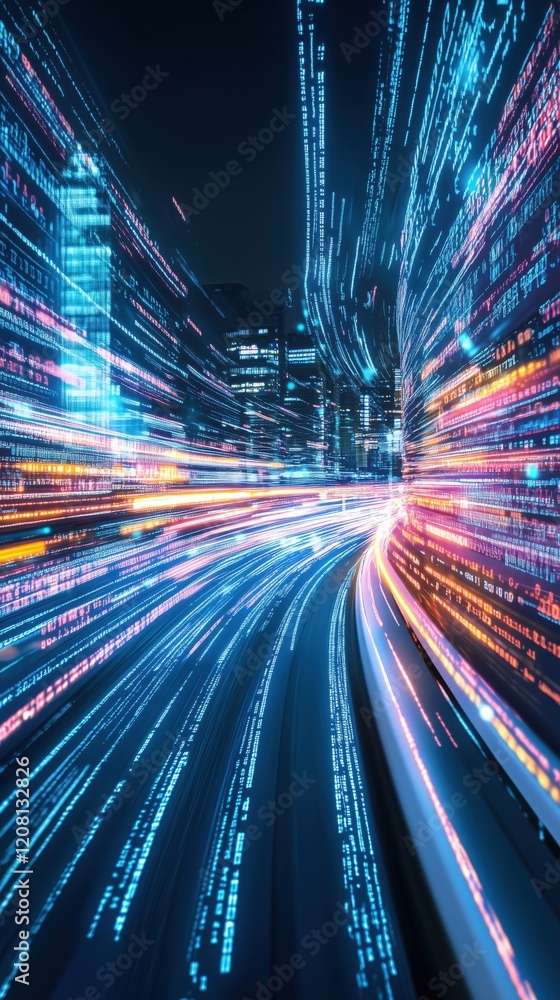 Poster dynamic cityscape with vibrant light trails and digital data streams representing fast-paced technol