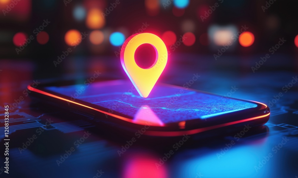 Poster vibrant smartphone displaying digital map with glowing location pin, showcasing modern navigation te