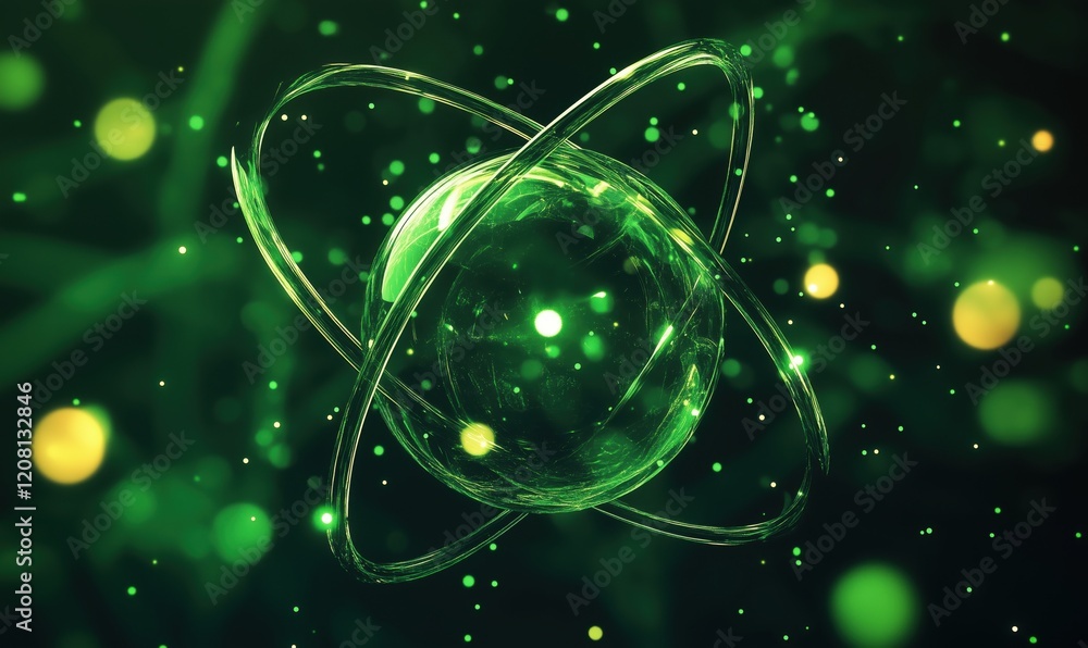 Aufkleber green glowing atom model with orbiting electrons, abstract representation of atomic structure and en