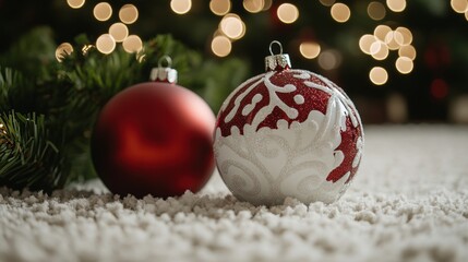 Elegant Red and Silver Christmas Ornaments on Cozy White Carpet