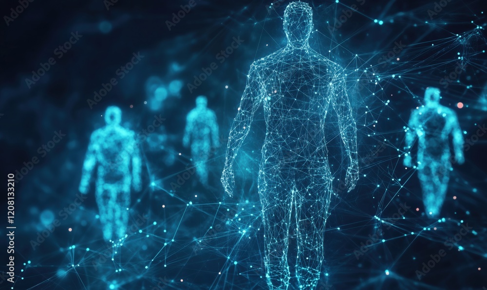Poster digital representation of human figures in a network of interconnected lines and nodes, symbolizing 