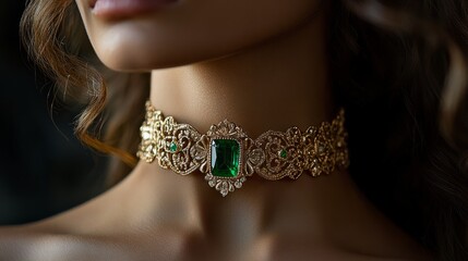 Statement choker with a single emerald-cut emerald in the center generative ai