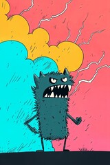 Cartoon-style monster character with exaggerated features and dynamic background of colorful clouds and lightning