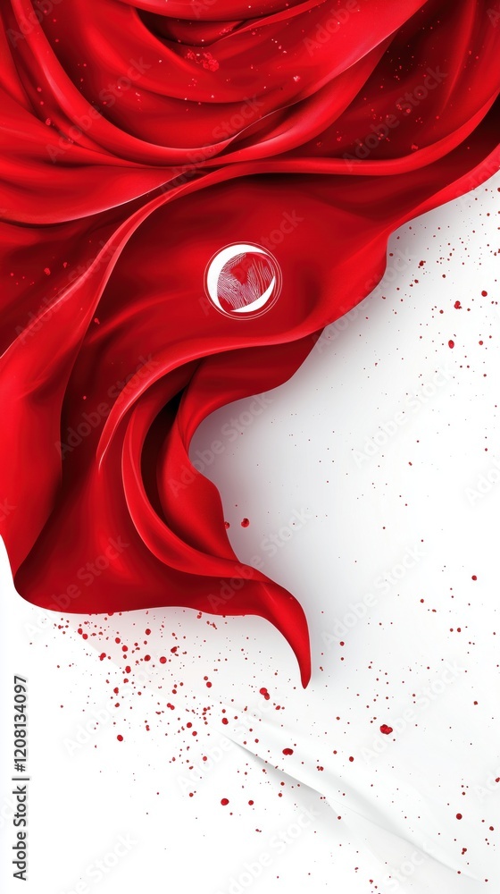 Poster red fabric draped elegantly with splashes of paint, featuring a circular emblem, creating a dynamic 