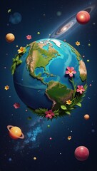 Naklejka premium Vibrant colorful image showcasing an eco-friendly vision of Earth with surrounding cosmic elements emphasizes environmental sustainability