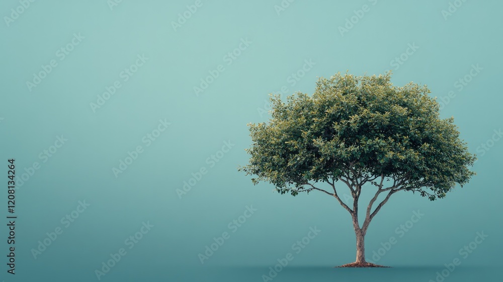 Poster serene image of solitary tree on clean solid color background with ample copy space showcasing its t
