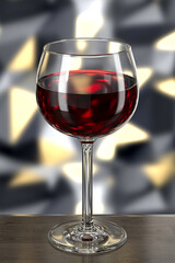 Glass of red wine on wooden table against wall with spotlights. Bar theme. Dark environment. 3d rendering.