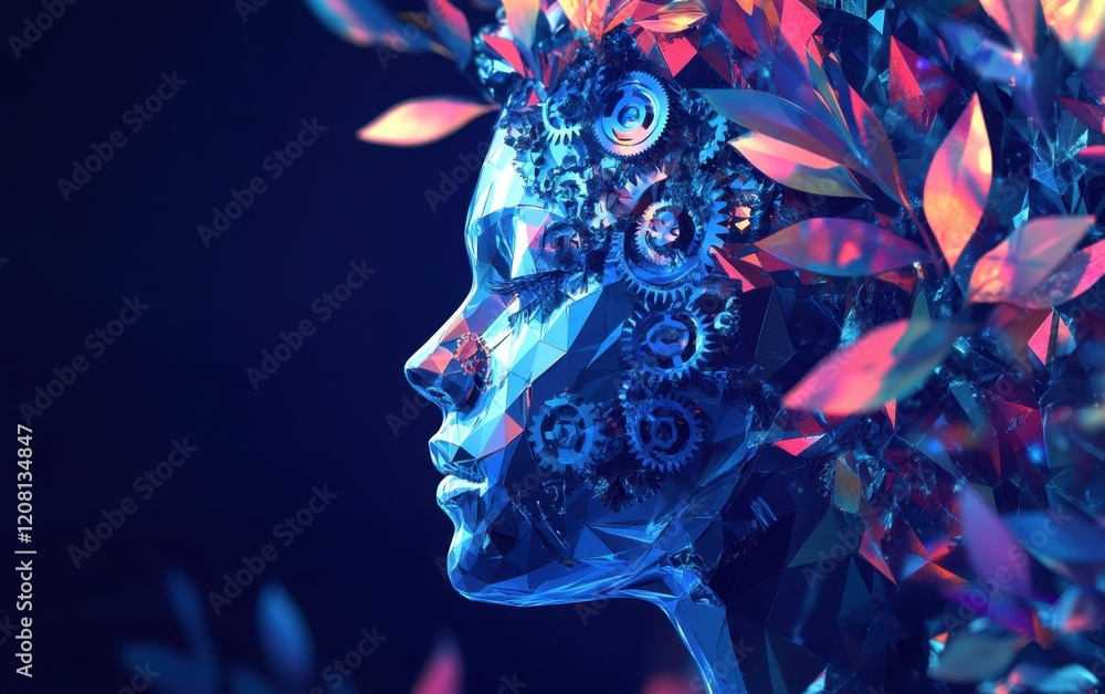 Poster abstract polygonal human head with gears inside, a digital technology concept background artificial 