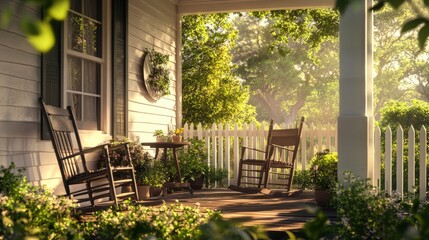 A cozy front porch with rocking chairs and a small table, surrounded by green plants and a white picket fence, generative ai
