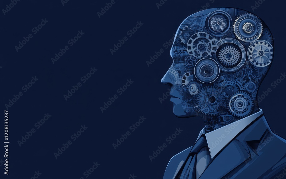 Poster abstract human head with gears and connections on a dark blue background an ai robot in profile view
