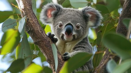 Fototapeta premium Adorable koala joey perched on eucalyptus tree branch.