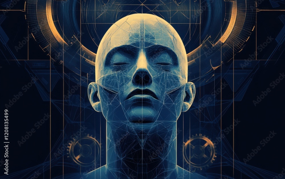 Poster abstract digital human head with gears and polygonal lines on a dark blue background an artificial i
