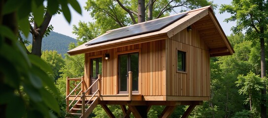 An eco-friendly solar-powered treehouse made from sustainable materials