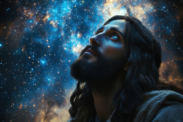Jesus Christ gazing upwards at the starry sky in awe, symbolizing divine connection and cosmic faith in the vast universe