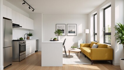 Fototapeta premium Small apartment interior kitchen living room - detailed rendering